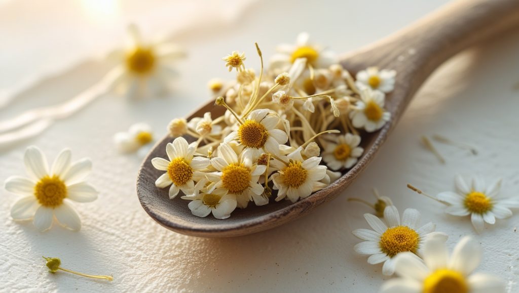 Dried chamomile flowers used for tea